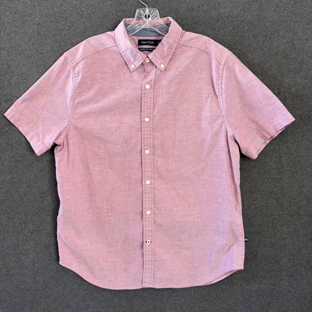 Nautica Button Down Shirt Mens L Pink Stretch Short Sleeve Classic Fit Heathered